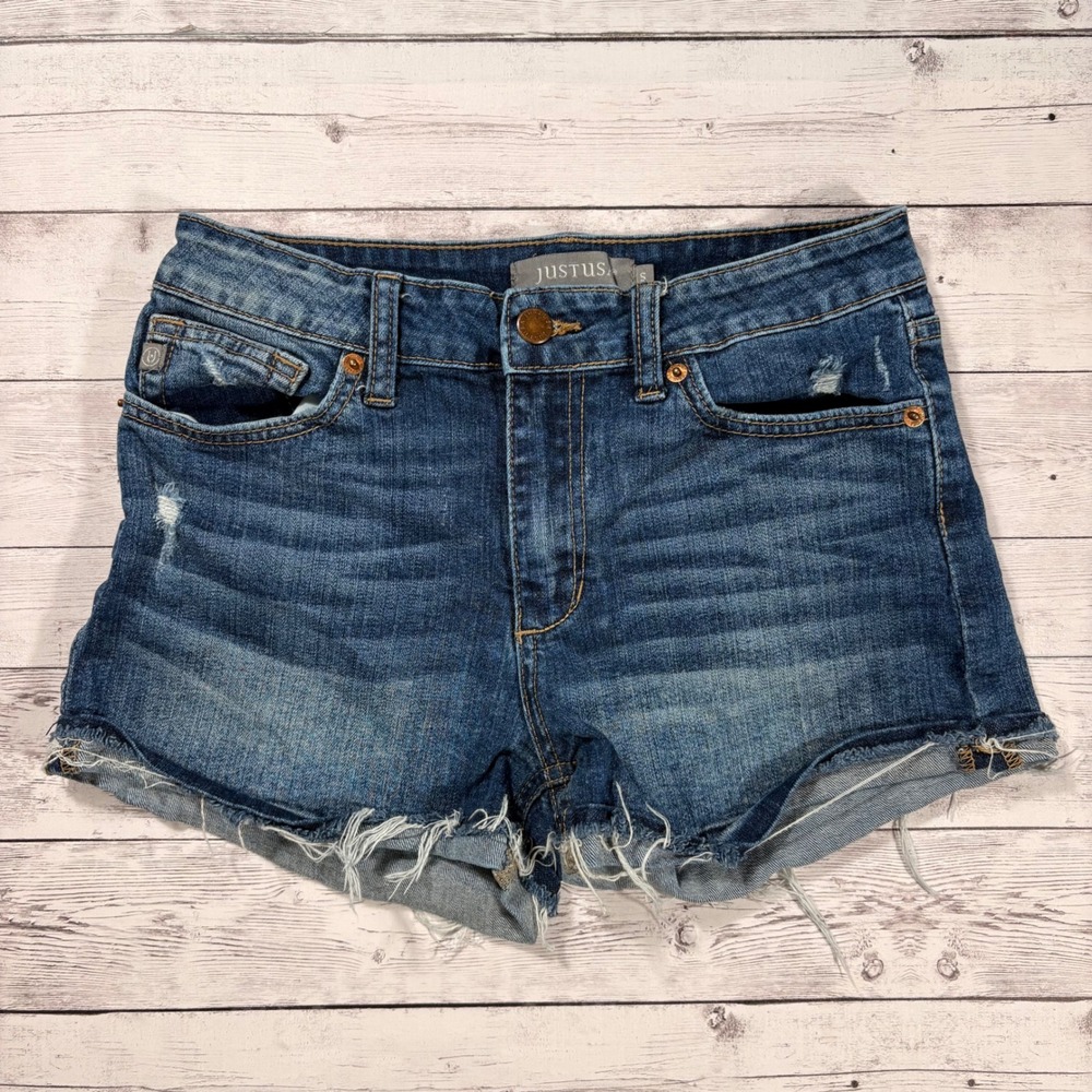 Just USA Distressed High Waisted Denim Shorts Medium Wash Raw Hem JH904 Size S